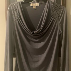 Michael Kors Gray with Studs Flounce V Neck Top